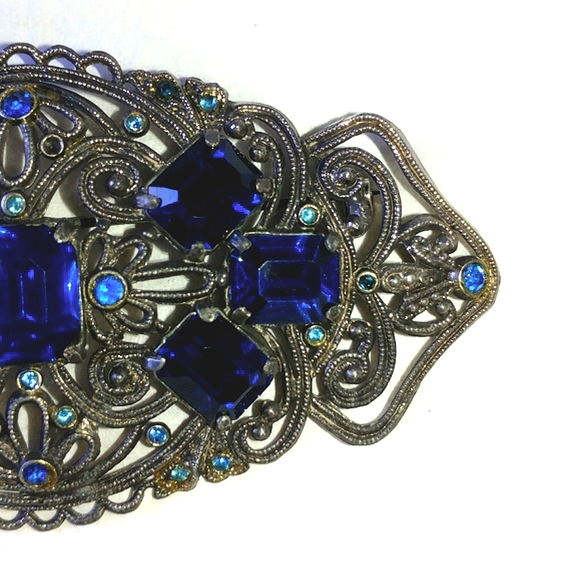 HUGE ART DECO STYLE FILIGREE PIN - ROYAL BLUE GLASS STONES - OVER 3" WIDE - Picture 4 of 8